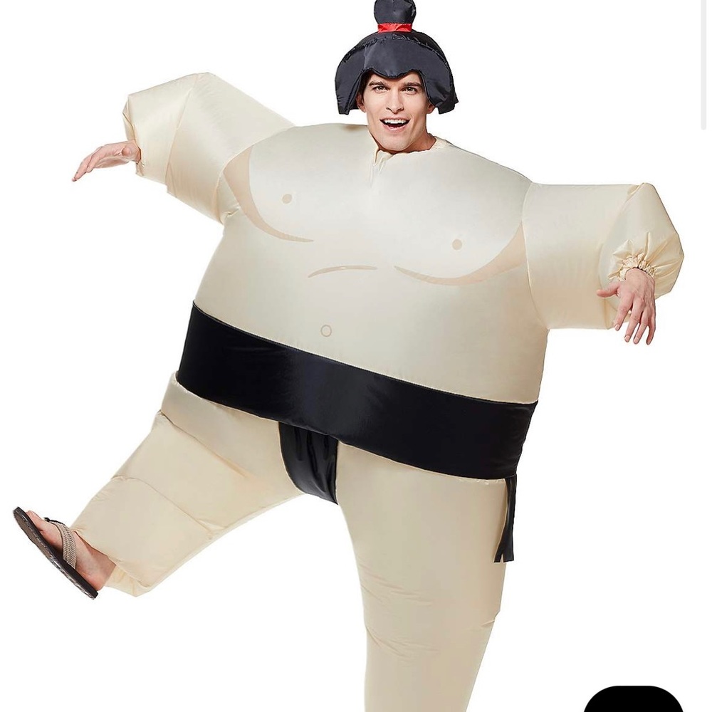 Two inflatable sumo wrestler suits- one red and one blue matching belt and hat